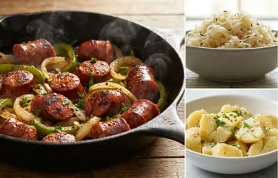 Kielbasa and Onions with Sauerkraut and Boiled Potatoes