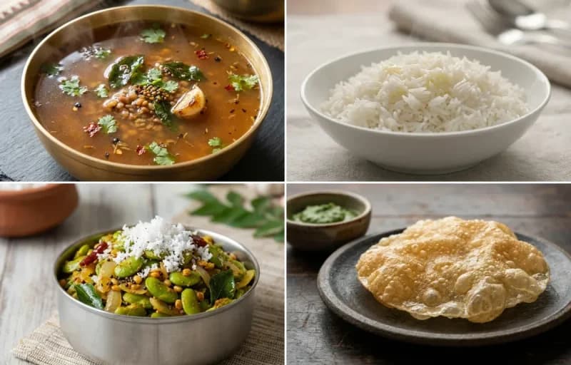 Kollu Rasam, Steamed Basmati Rice, Avarakkai Poriyal and Appalam