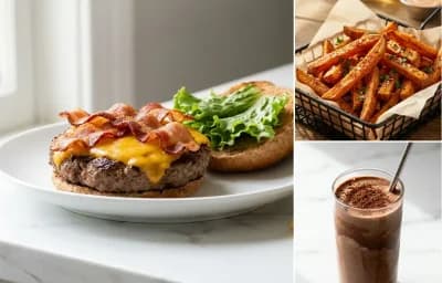 Lean Beef Burger with Cheddar on Whole Wheat Bun with Protein Milkshake