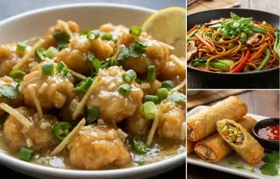 Lemon Chicken with Vegetable Lo Mein and Fried Spring Rolls