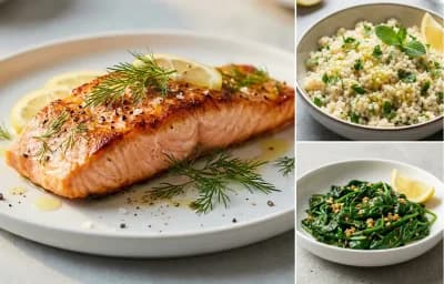 Lemon Dill Salmon with Herbed Couscous and Sauteed Spinach with Garlic