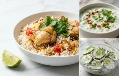 Light Chicken Biryani with Cucumber Raita with Cucumber Salad