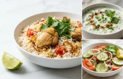 Light Chicken Biryani with Cucumber Raita with Green Salad