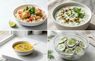 Light Chicken Biryani with Cucumber Raita with Toor Dal with Cucumber Salad