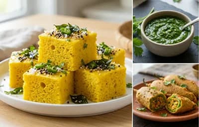 Live Khaman with Coriander Mint Chutney and Stuffed Fried Green Chillies