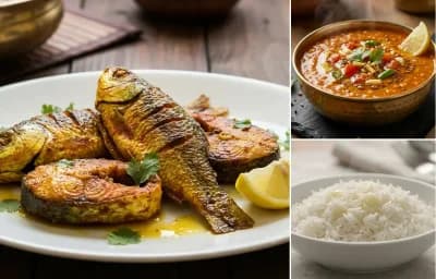 Macher Bhaja with Masoor Dal Tadka and Steamed Basmati Rice