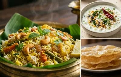 Malabar Vegetable Biryani with Coconut Yogurt Raita and Pappadam