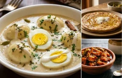 Malai Egg Curry with Paratha and Mango Pickle