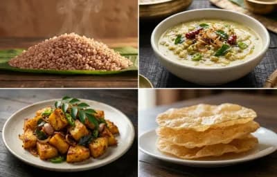 Matta Rice with Cherupayar Curry, Chena Mezhukkupuratti and Pappadam