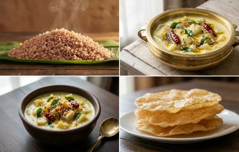 Matta Rice, Kerala Pulissery, Kaya Erissery, Pappadam and Inji Puli