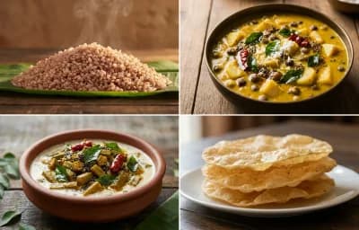 Matta Rice with Kootu Curry, Vendakka Kichadi, Pappadam and Mango Pickle