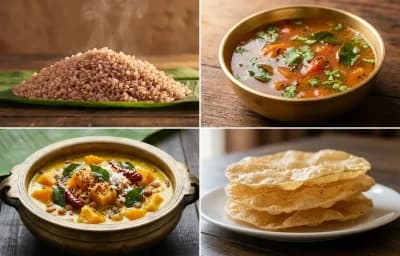 Matta Rice with Thakkali Rasam, Mathanga Erissery and Pappadam