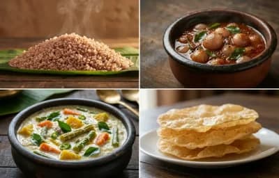 Matta Rice with Ulli Theeyal, Avial and Pappadam