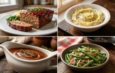 Meatloaf with Mashed Potatoes, Brown Gravy and Sauteed Green Beans with Bacon