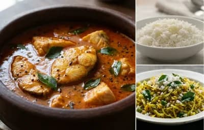 Meen Curry with Steamed Basmati Rice and Cabbage Thoran