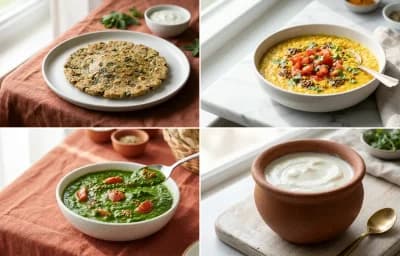Methi Bajra Roti with Moong Dal with Turmeric with Palak Sabzi with Curd