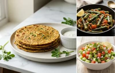 Methi Oats Thepla with Steamed White Rice with Masala Bhindi with Kachumber