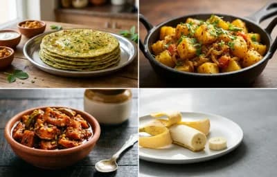 Methi Thepla with Dry Aloo Sabzi with Mango Pickle with Banana