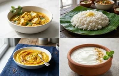 Mild Chicken Curry with Steamed Rice with Mashed Pumpkin with Dahi