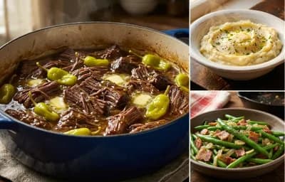 Mississippi Pot Roast with Mashed Potatoes and Sauteed Green Beans with Bacon