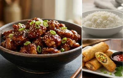 Mongolian Chicken with Steamed Basmati Rice and Fried Spring Rolls