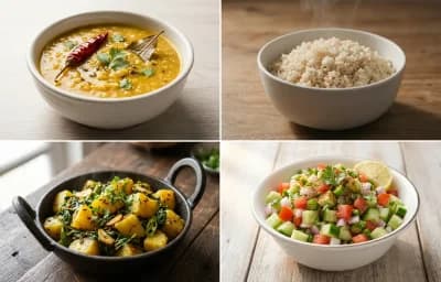 Moong Dal with Steamed White Rice with Aloo Methi Sabzi with Kachumber with Chaas