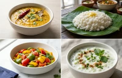 Moong Dal with Steamed White Rice with Bell Pepper Sabzi with Cucumber Raita
