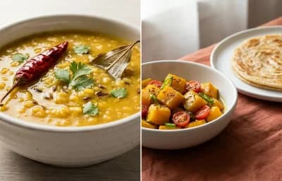 Moong Dal with Steamed White Rice with Kaddu Sabzi With Paratha