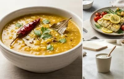 Moong Dal with Dal With Phulka, Baked Cod With Lemon and Plain Yogurt Cup