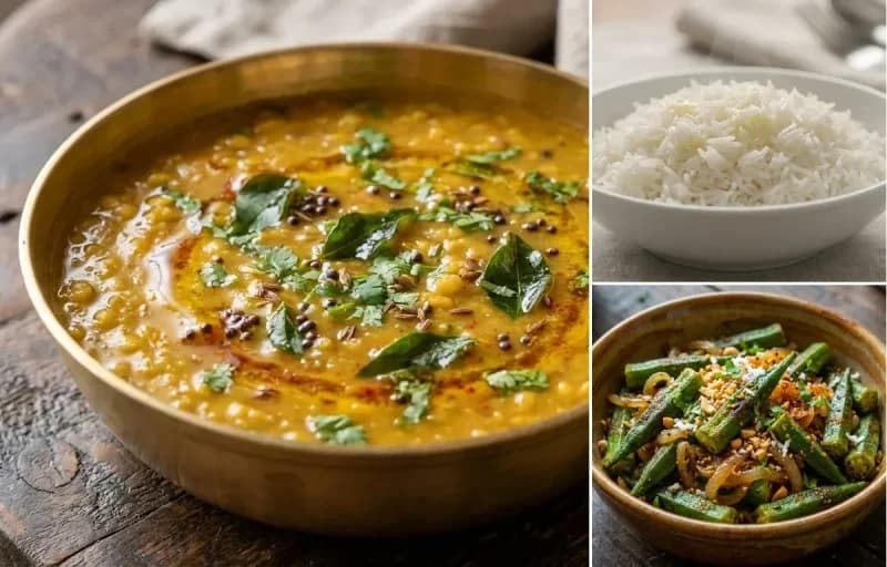 Moongachi Amti, Steamed Basmati Rice and Bhendichi Bhaji