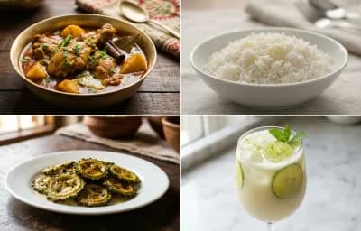 Murgir Jhol with Steamed Basmati Rice, Ucche Bhaja and Gondhoraj Ghol