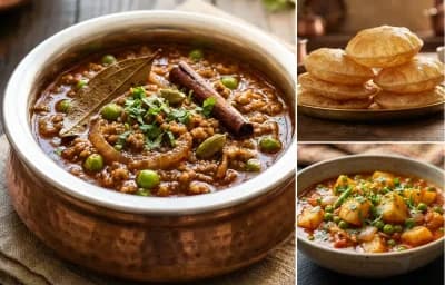 Mutton Keema Masala with Puri and Aloo Matar Sabzi