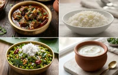 Mutton Kuzhambu with Steamed Basmati Rice, Beans Poriyal and Curd