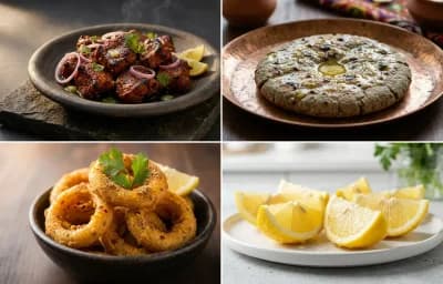 Mutton Soola with Bajra Roti, Indian Onion Rings and Lemon Wedges