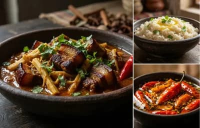 Naga Pork with Bamboo Shoot with Bora Saul and Bhoot Jolokia Achar