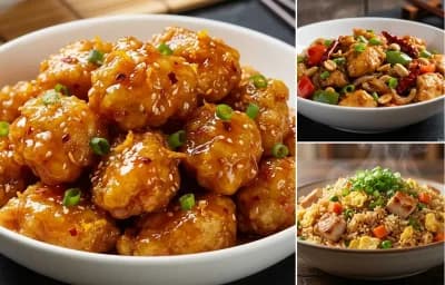 Orange Chicken with Kung Pao Chicken and Chicken Fried Rice