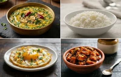 Palak Pappu with Steamed Basmati Rice, Fried Egg and Mango Pickle