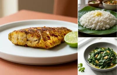Pan-Fried Rohu with Steamed White Rice with Sautéed Greens