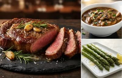 Pan-Seared Ribeye Steak with Mushroom Sauce and Roasted Asparagus