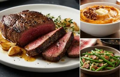 Pan-Seared Venison Steak with Mashed Sweet Potatoes and Sauteed Green Beans with Bacon