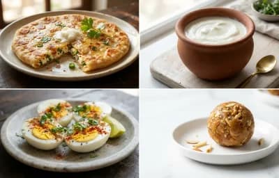 Paneer Paratha with Curd with Boiled Eggs with Gond Ladoo with Milk