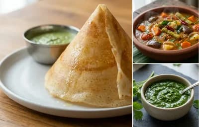 Paper Dosa with Vegetable Sambar and Coriander Mint Chutney