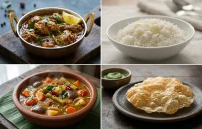 Pepper Chicken Masala with Steamed Basmati Rice, Vegetable Sambar and Appalam