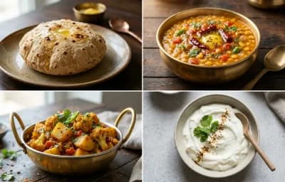 Phulka with Chana Dal with Aloo Gobi with Plain Dahi