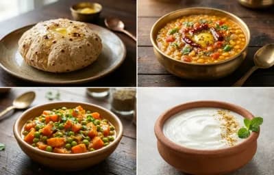 Phulka with Chana Dal with Gajar Matar Sabzi with Dahi