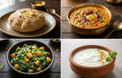 Phulka with Chana Dal with Paleng Xaak Bhaji with Dahi