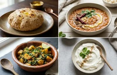 Phulka with Masoor Dal with Aloo Methi with Plain Dahi