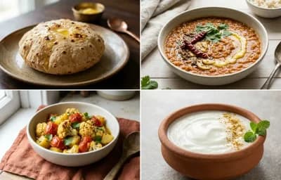 Phulka with Masoor Dal with Gobi Aloo Sabzi with Dahi