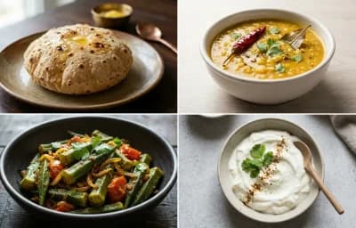 Phulka with Moong Dal with Bhindi Sabzi with Plain Dahi