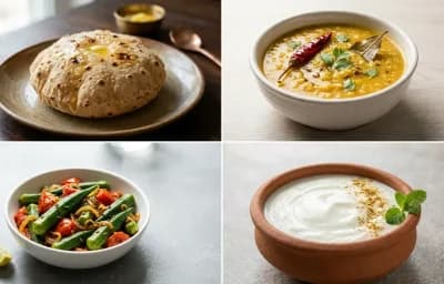 Phulka with Moong Dal with Bhindi Tomato Sabzi with Dahi
